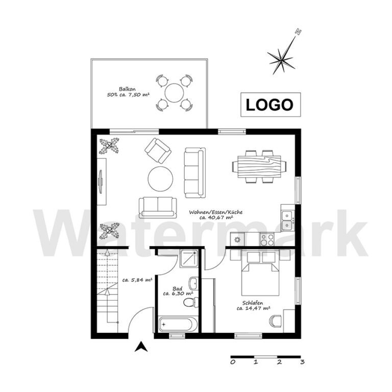 2D Grundriss Schwarz-Weiß für Immobilien Exposé