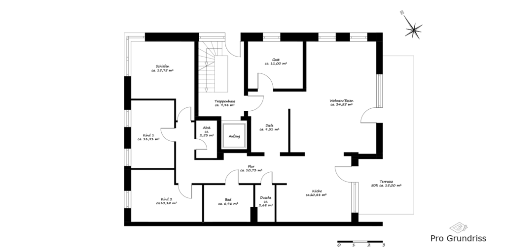 Grundriss mit klarer Raumaufteilung für Immobilien Exposé und Verkauf